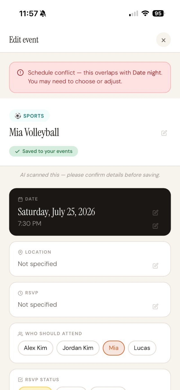 Clarely's edit screen showing a red banner: Schedule conflict — this overlaps with Date night. You may need to choose or adjust.