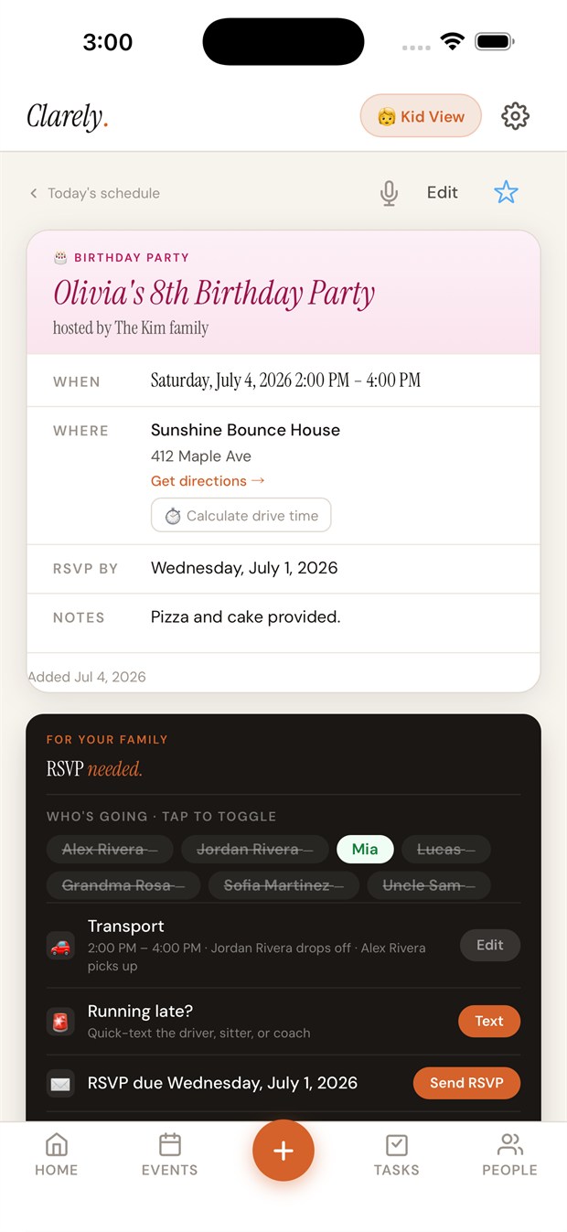 An event detail for a birthday party with drivers, RSVP, tasks and a pack list