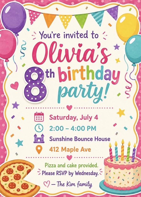 A colorful birthday party invitation flyer — Olivia's 8th birthday, Saturday July 4, 2–4 PM, Sunshine Bounce House, 412 Maple Ave
