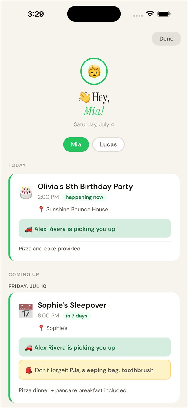 Kid View for Mia — her events, who's picking her up, what to pack