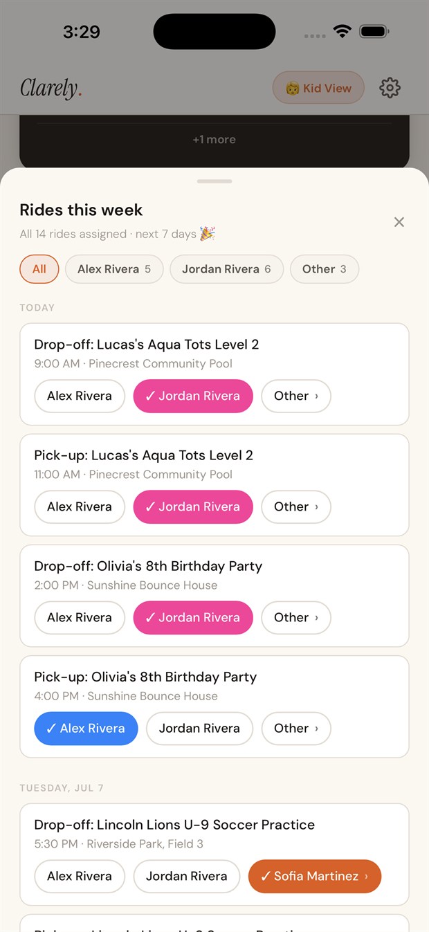The Rides this week sheet — 14 rides assigned, color-coded by driver