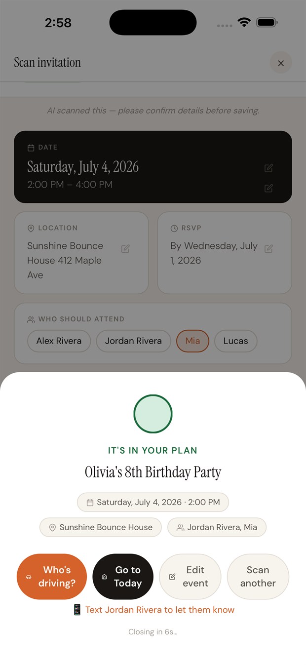 Clarely has read the invitation and saved it — 'It's in your plan: Olivia's 8th Birthday Party' with the date, place, and who's going