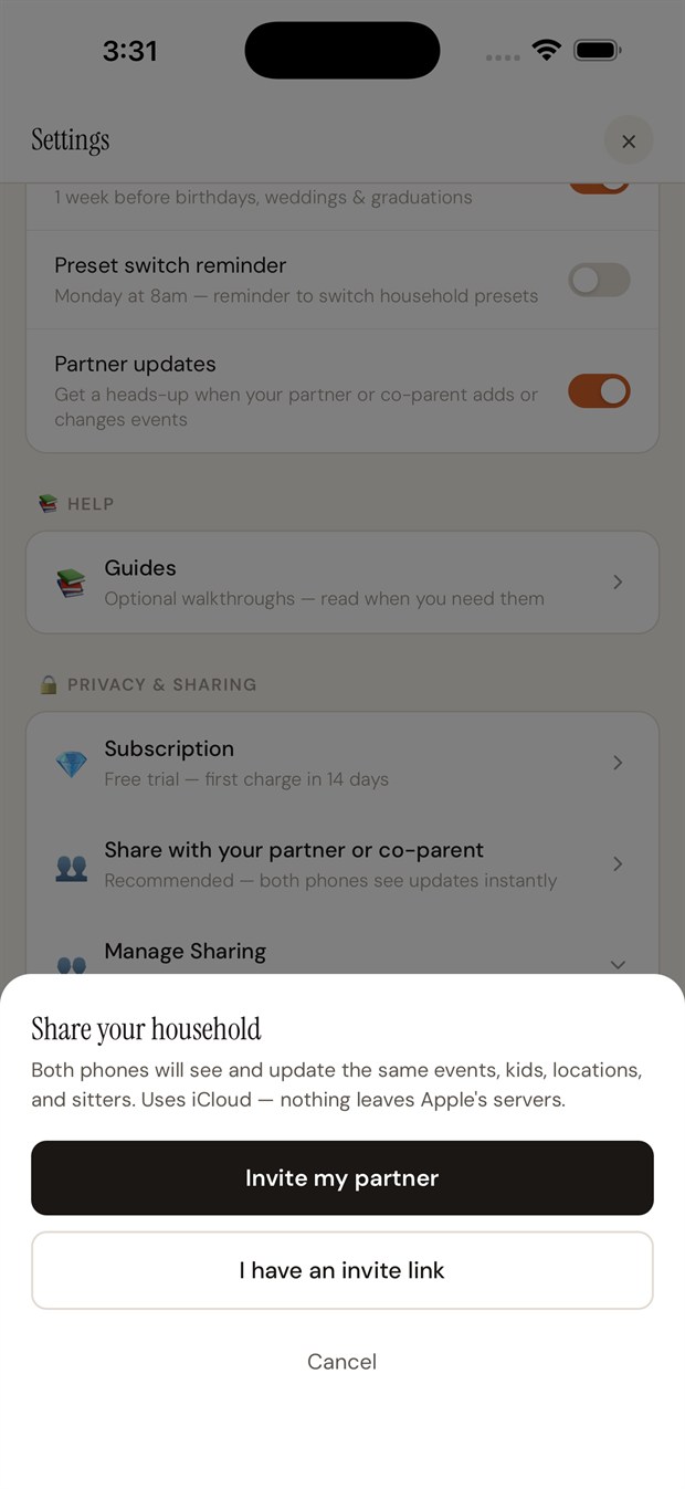 The Share your household sheet — invite a partner or co-parent