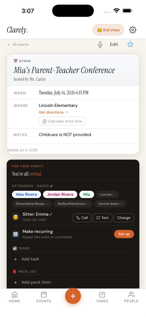 An event where childcare isn't provided — Clarely has the sitter booked with Call and Text one tap away