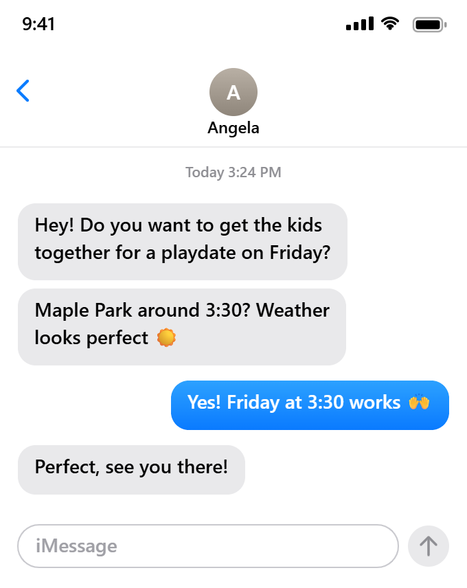 A text thread arranging a playdate — Friday at 3:30 at Maple Park