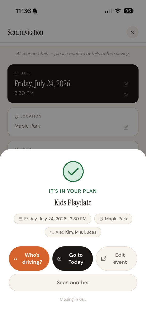 Clarely's scan result from the text thread — Kids Playdate, Friday July 24 2026 at 3:30 PM at Maple Park, with the family added